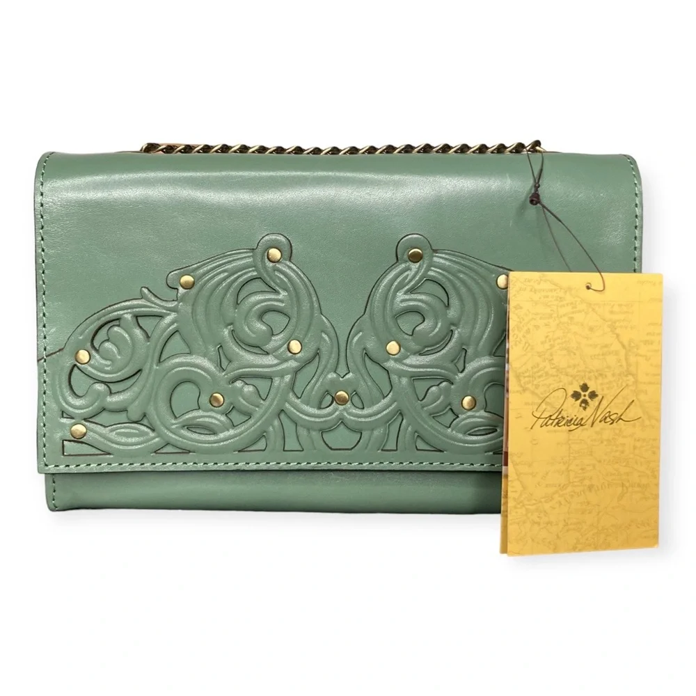 Patricia Nash Giada Chain Bag Filigree Sage Green Leather Shoulder Crossbody - Picture 2 of 16